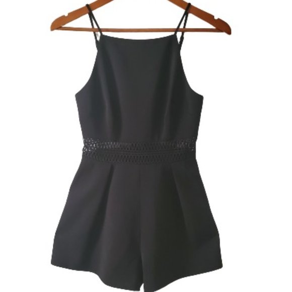 Keepsake Women's High Neck Eyelet Lace Cut-Out Waist Black Short Romper Size XS - Picture 1 of 16